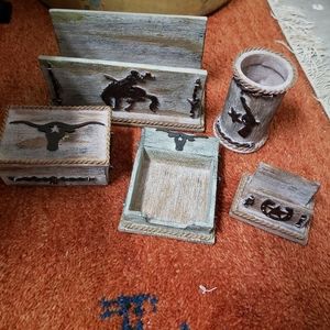 NWOT Western Theme Desk Set, Mail,BizCard&Sticky Note Holders,Pen/PencilCup,Etc.